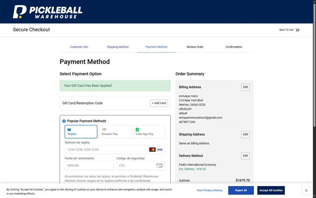 Total Pickleball checkout page showing Total Pickleball promo code box | Screenshot taken by SimplyCodes community member on Sep 1, 2025