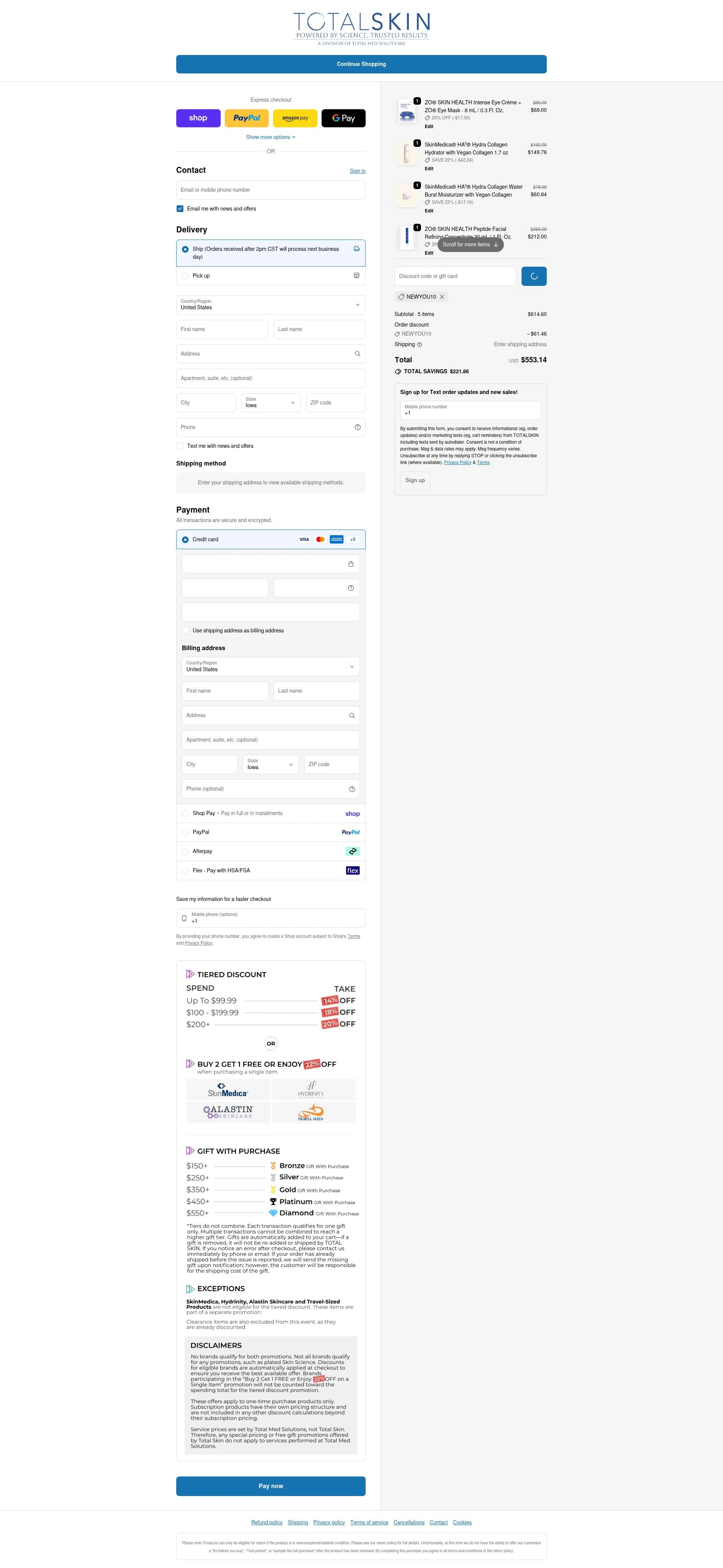 TOTALSKIN checkout page showing TOTALSKIN promo code box | Screenshot taken by SimplyCodes community member on Feb 1, 2026