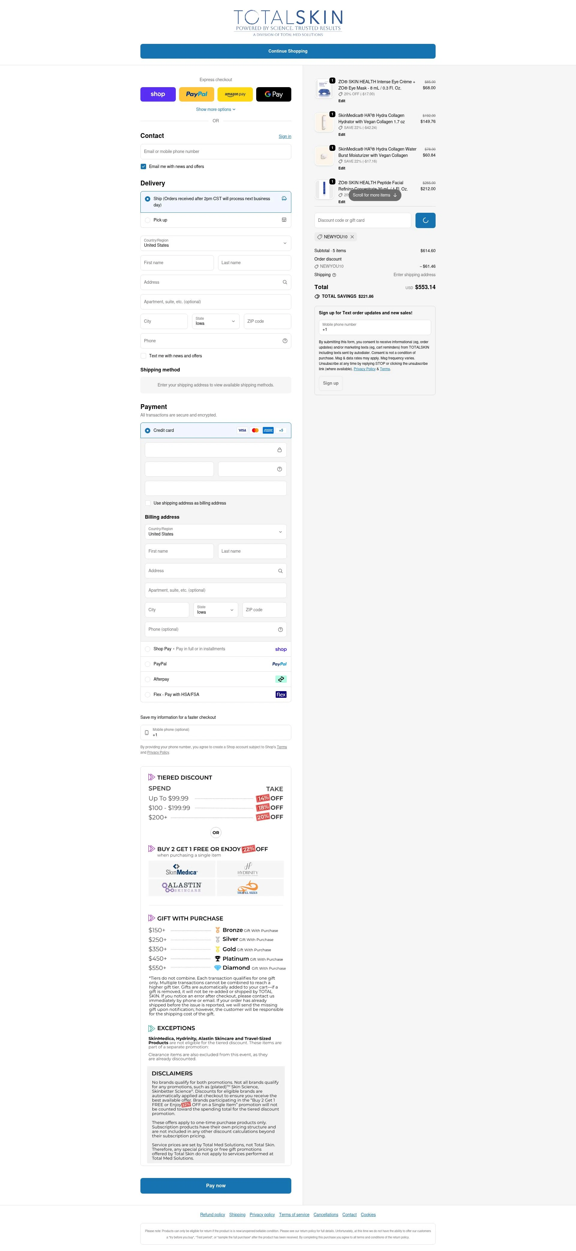 TOTALSKIN checkout page showing TOTALSKIN promo code box | Screenshot taken by SimplyCodes community member on Feb 10, 2026