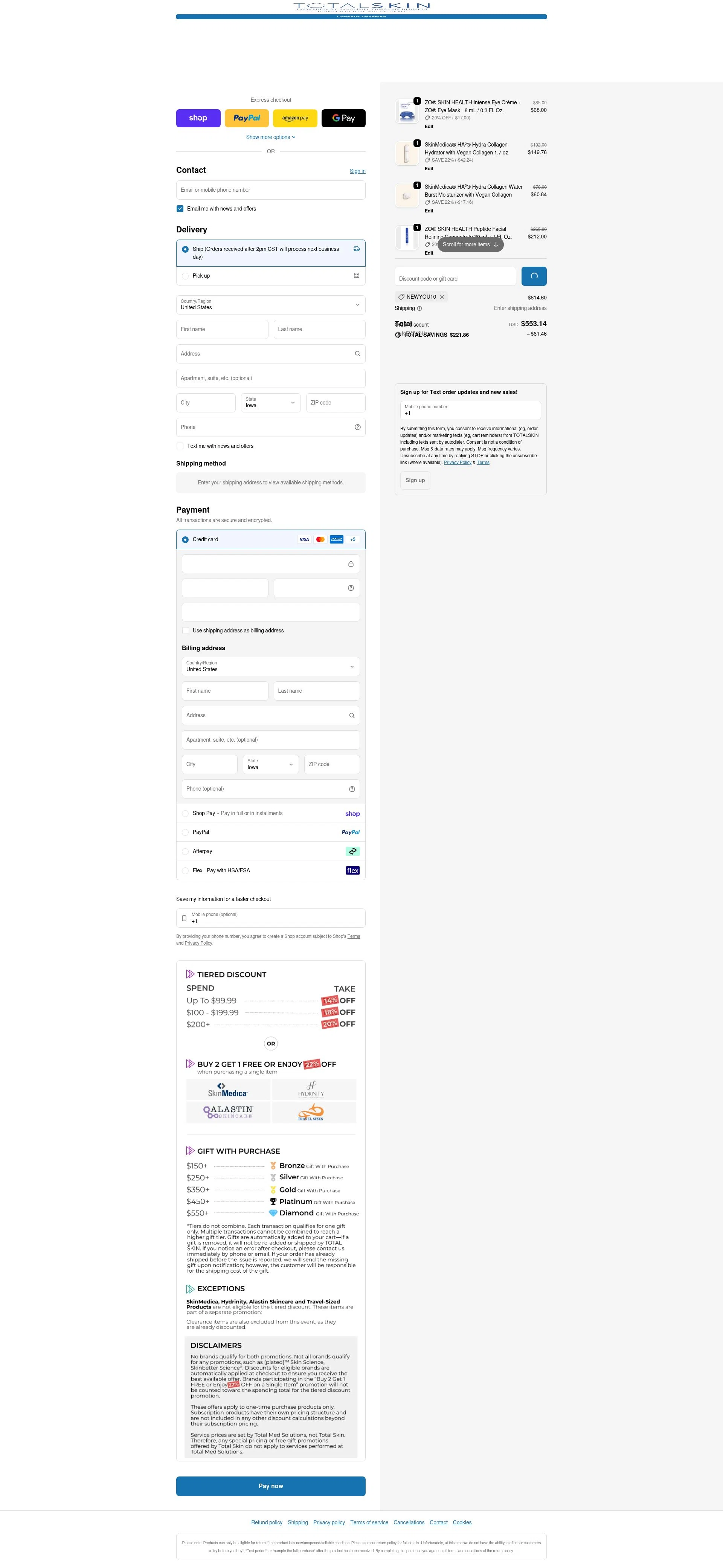 TOTALSKIN checkout page showing TOTALSKIN promo code box | Screenshot taken by SimplyCodes community member on Feb 6, 2026