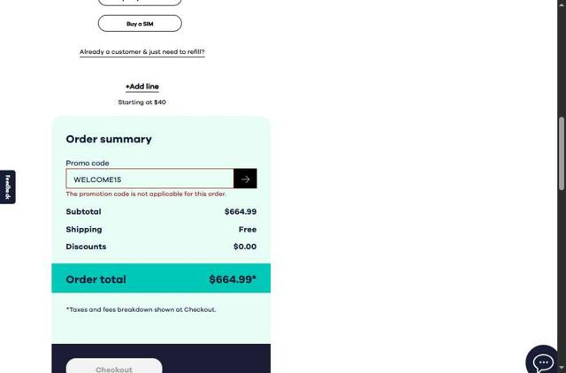 Total Wireless checkout page showing Total Wireless promo code box | Screenshot taken by SimplyCodes community member on Jul 15, 2025