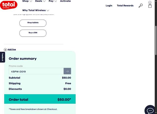 Total Wireless checkout page showing Total Wireless promo code box | Screenshot taken by SimplyCodes community member on Sep 9, 2025