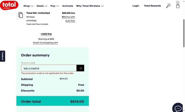 Total Wireless checkout page showing Total Wireless promo code box | Screenshot taken by SimplyCodes community member on Aug 19, 2025