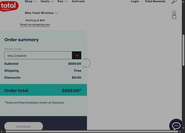 Total Wireless checkout page showing Total Wireless promo code box | Screenshot taken by SimplyCodes community member on Aug 9, 2025