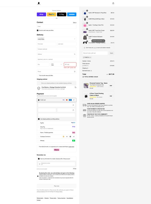 Tote&Carry checkout page showing Tote&Carry promo code box | Screenshot taken by SimplyCodes community member on Sep 9, 2025