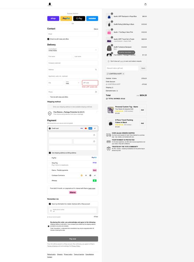 Tote&Carry checkout page showing Tote&Carry promo code box | Screenshot taken by SimplyCodes community member on Sep 9, 2025