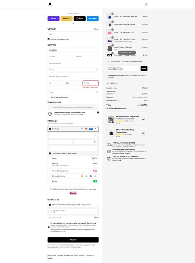 Tote&Carry checkout page showing Tote&Carry promo code box | Screenshot taken by SimplyCodes community member on Sep 9, 2025