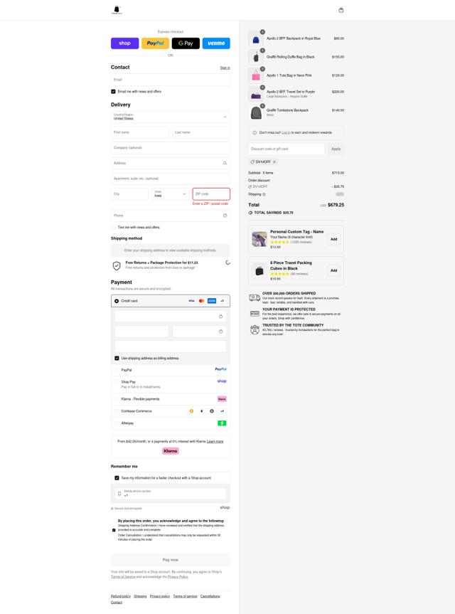 Tote&Carry checkout page showing Tote&Carry promo code box | Screenshot taken by SimplyCodes community member on Sep 9, 2025