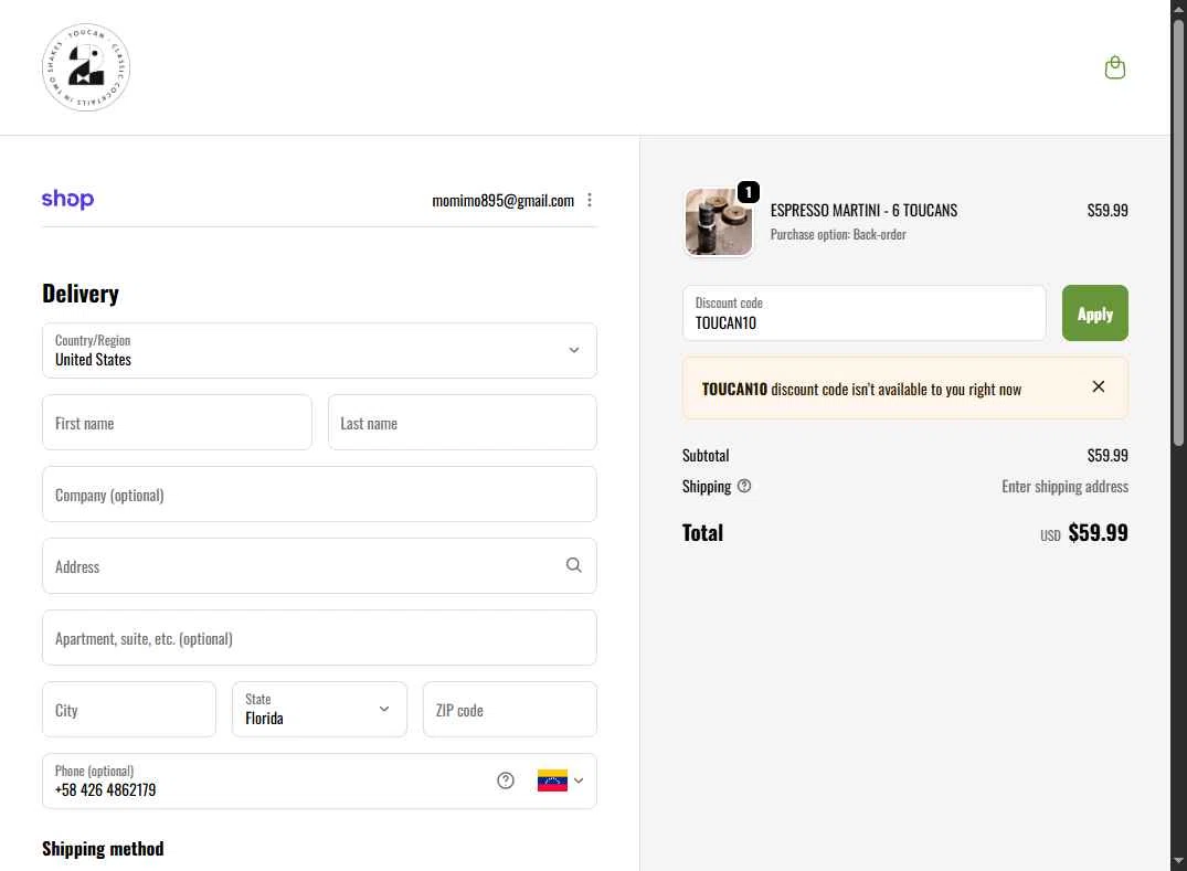 Toucan Cocktails checkout page showing Toucan Cocktails promo code box | Screenshot taken by SimplyCodes community member on Dec 12, 2025