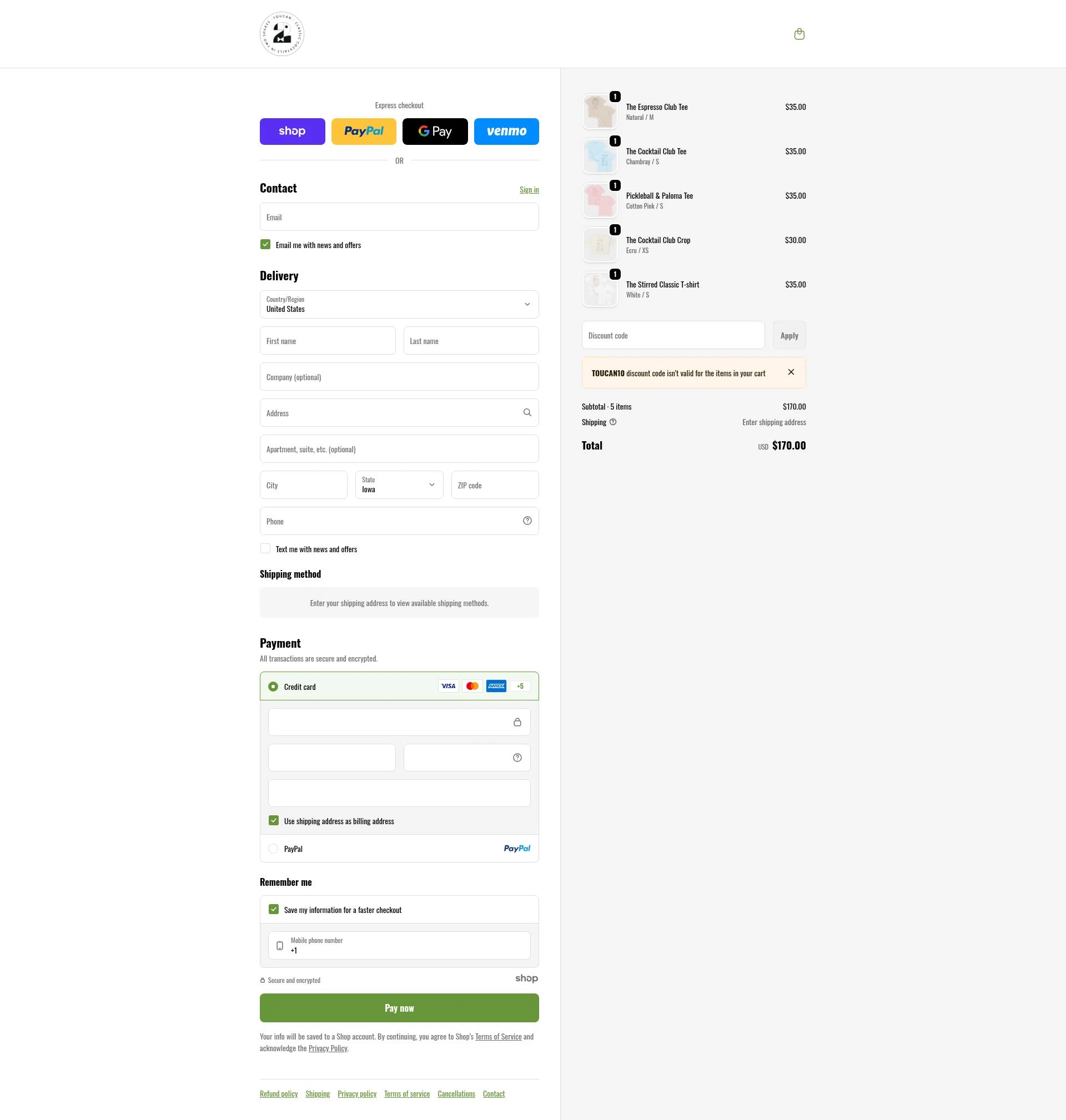 Toucan Cocktails checkout page showing Toucan Cocktails promo code box | Screenshot taken by SimplyCodes community member on Dec 18, 2025