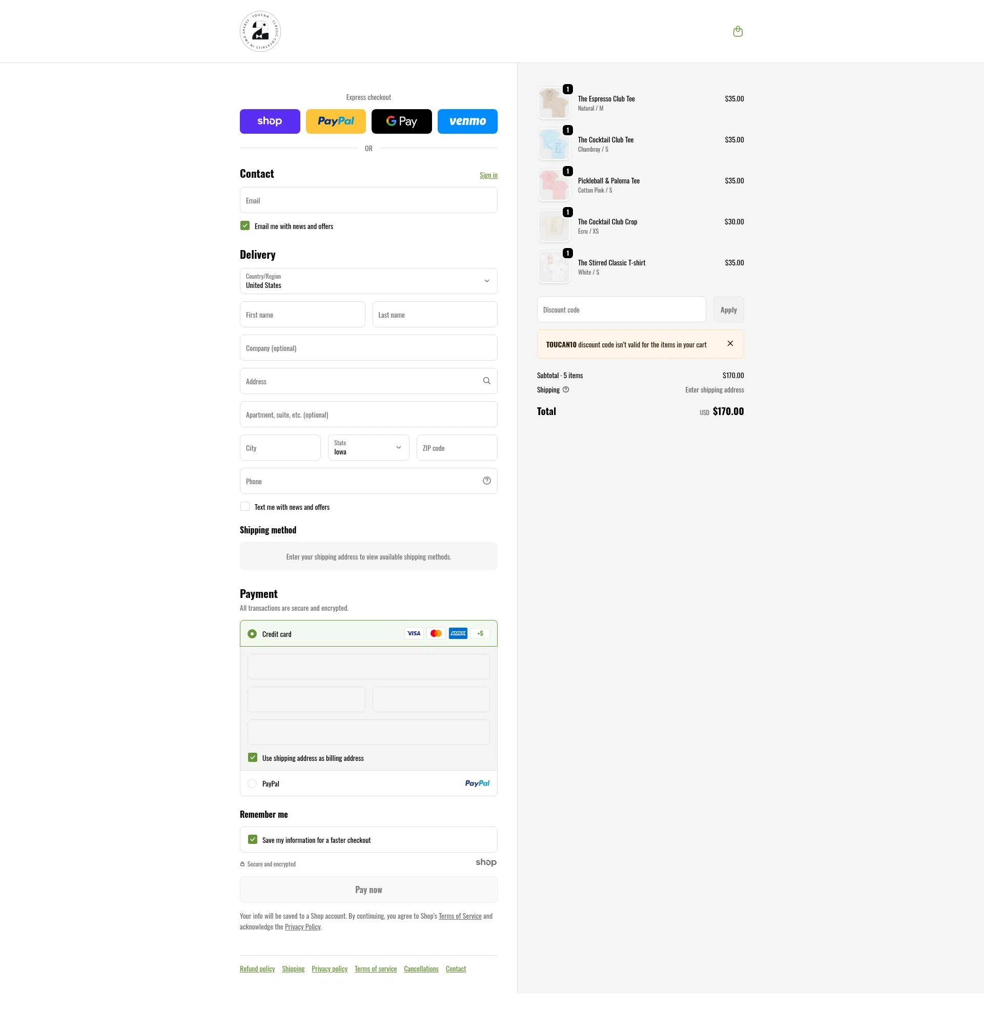 Toucan Cocktails checkout page showing Toucan Cocktails promo code box | Screenshot taken by SimplyCodes community member on Jan 8, 2026