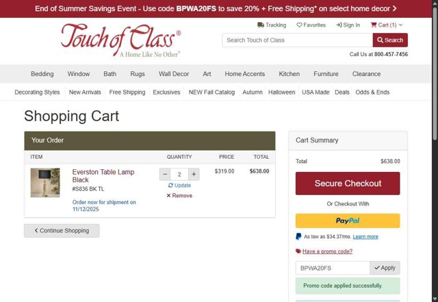 Touch of Class checkout page showing Touch of Class promo code box | Screenshot taken by SimplyCodes community member on Aug 30, 2025