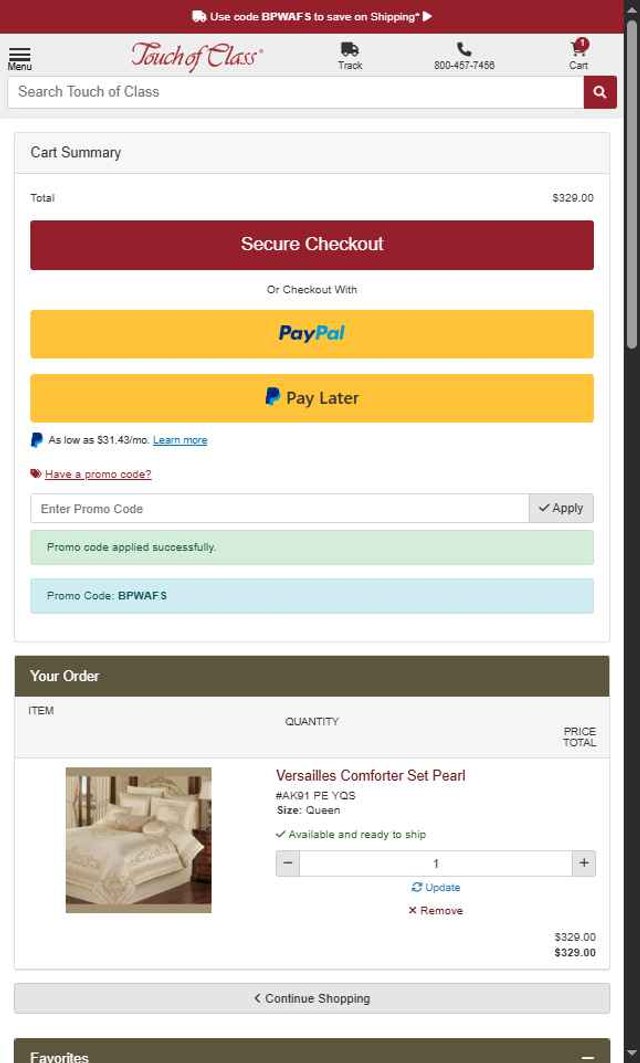 Touch of Class checkout page showing Touch of Class promo code box | Screenshot taken by SimplyCodes community member on Jul 17, 2025