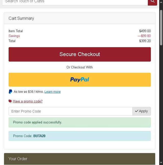 Touch of Class checkout page showing Touch of Class promo code box | Screenshot taken by SimplyCodes community member on Jul 22, 2025