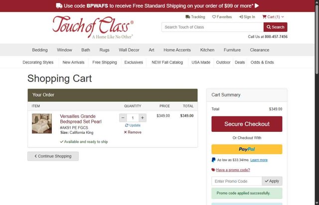 Touch of Class checkout page showing Touch of Class promo code box | Screenshot taken by SimplyCodes community member on Jul 17, 2025