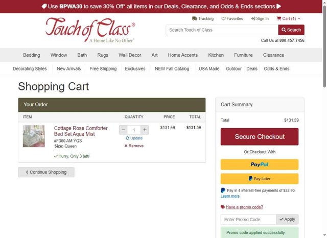 Touch of Class checkout page showing Touch of Class promo code box | Screenshot taken by SimplyCodes community member on Jul 17, 2025
