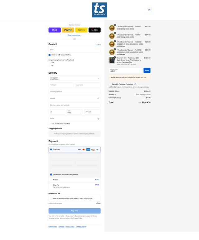 Touchstone checkout page showing Touchstone promo code box | Screenshot taken by SimplyCodes community member on Aug 29, 2025
