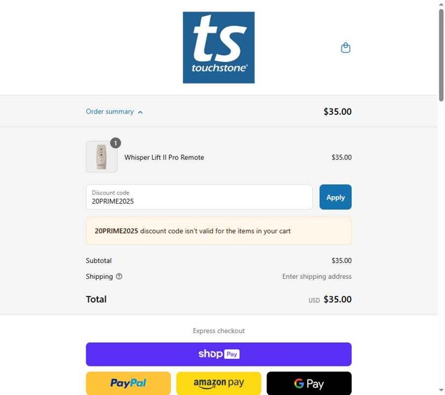 Touchstone checkout page showing Touchstone promo code box | Screenshot taken by SimplyCodes community member on Jul 7, 2025