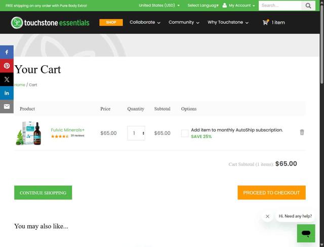 Touchstone Essentials checkout page showing Touchstone Essentials promo code box | Screenshot taken by SimplyCodes community member on Sep 9, 2025