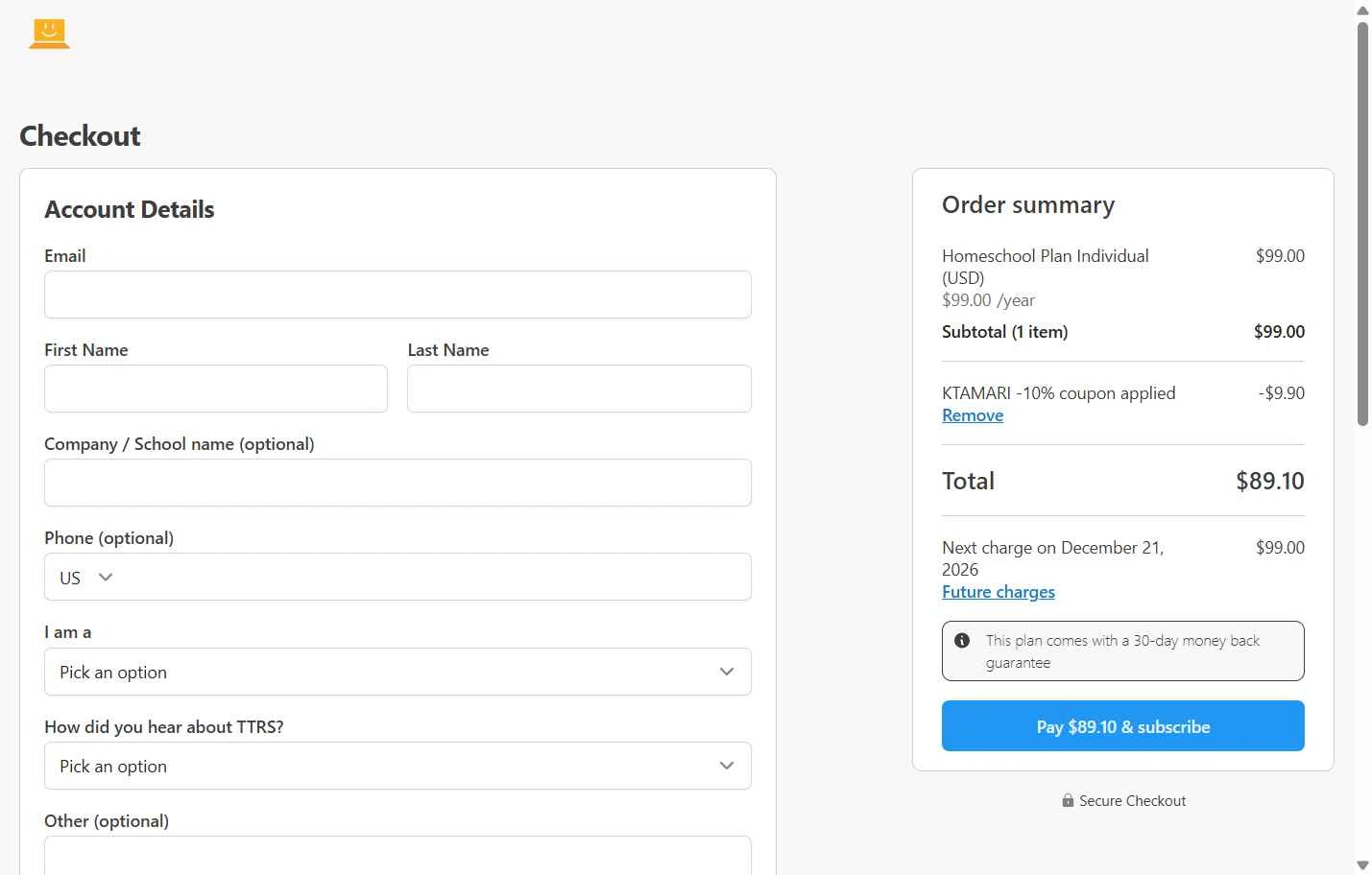Touch-type Read and Spell checkout page showing Touch-type Read and Spell promo code box | Screenshot taken by SimplyCodes community member on Dec 21, 2025