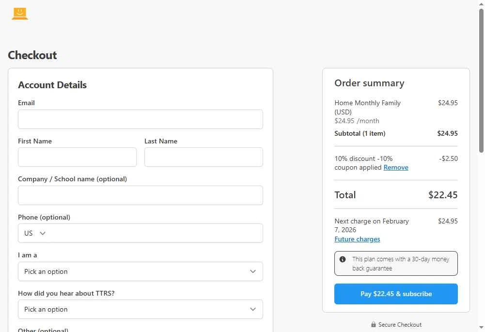 Touch-type Read and Spell checkout page showing Touch-type Read and Spell promo code box | Screenshot taken by SimplyCodes community member on Jan 7, 2026