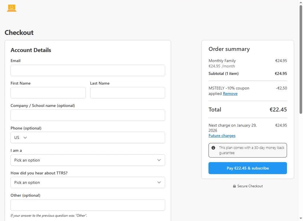 Touch-type Read and Spell checkout page showing Touch-type Read and Spell promo code box | Screenshot taken by SimplyCodes community member on Dec 29, 2025