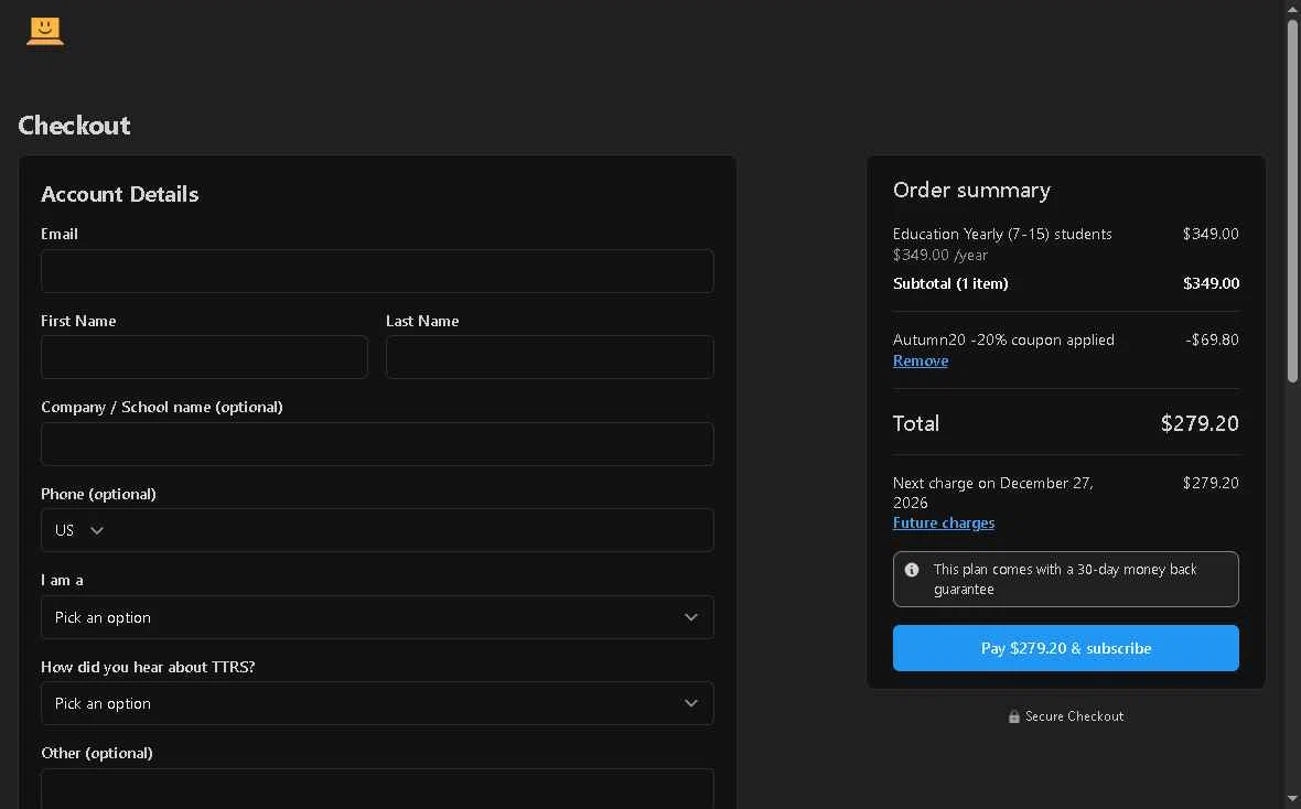 Touch-type Read and Spell checkout page showing Touch-type Read and Spell promo code box | Screenshot taken by SimplyCodes community member on Dec 27, 2025