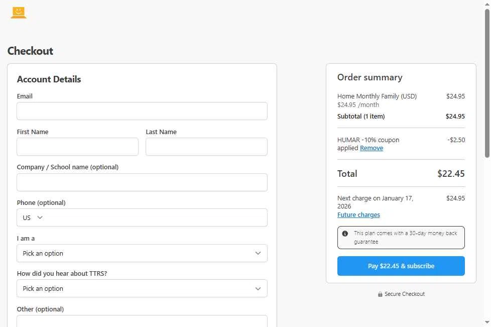 Touch-type Read and Spell checkout page showing Touch-type Read and Spell promo code box | Screenshot taken by SimplyCodes community member on Dec 17, 2025