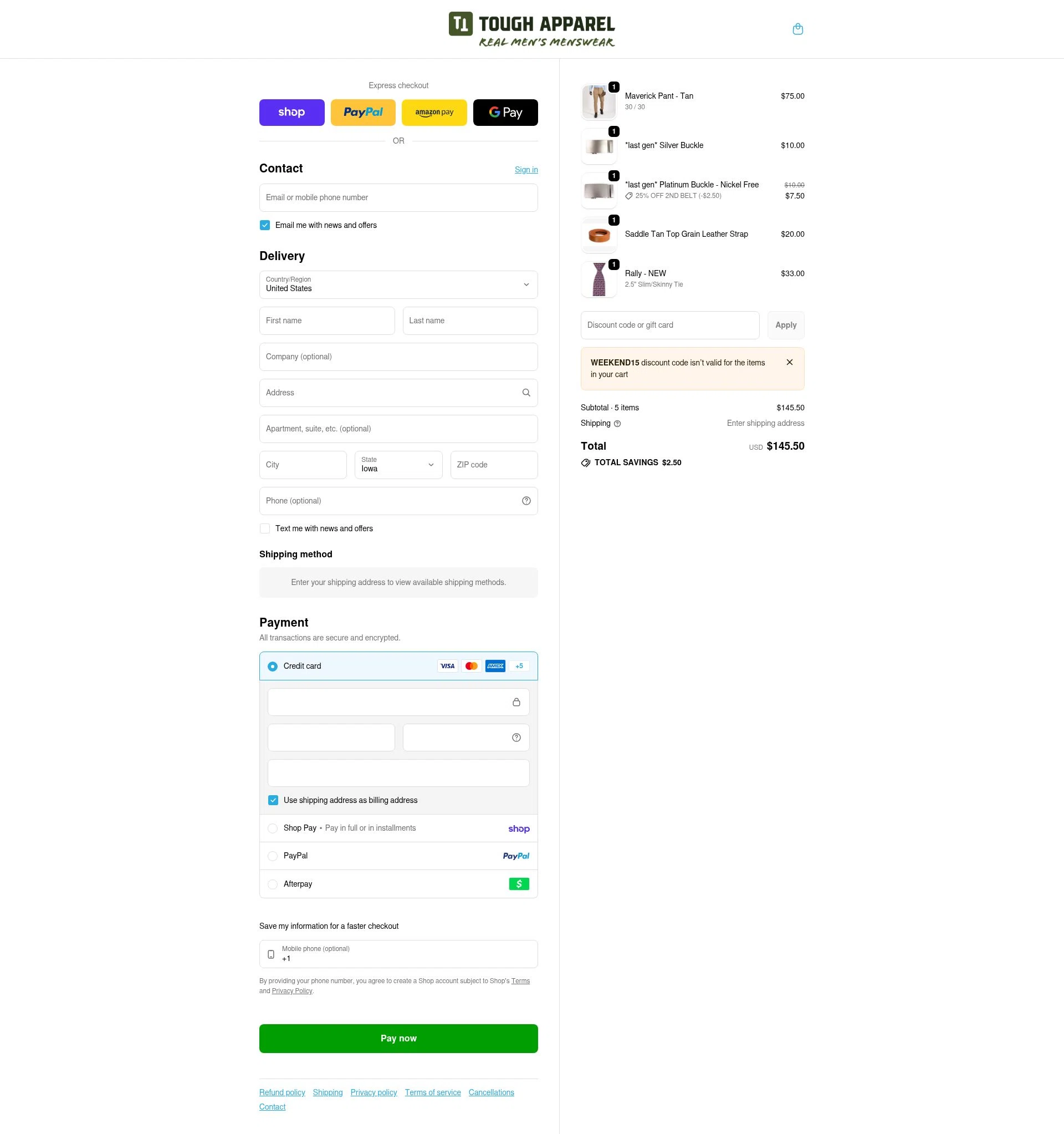 Tough Apparel checkout page showing Tough Apparel discount code box | Screenshot taken by SimplyCodes community member on Feb 16, 2026