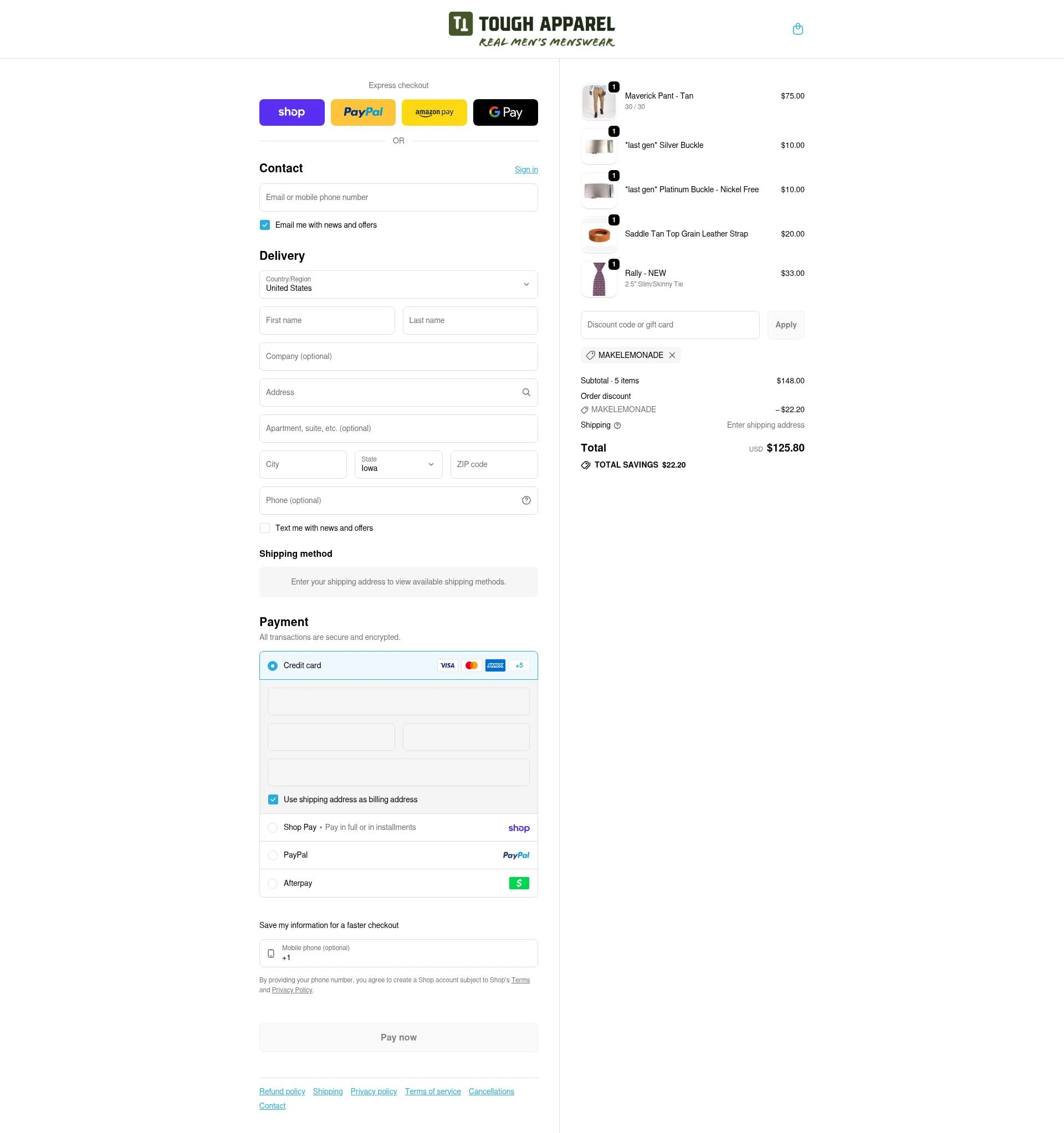Tough Apparel checkout page showing Tough Apparel discount code box | Screenshot taken by SimplyCodes community member on Feb 16, 2026