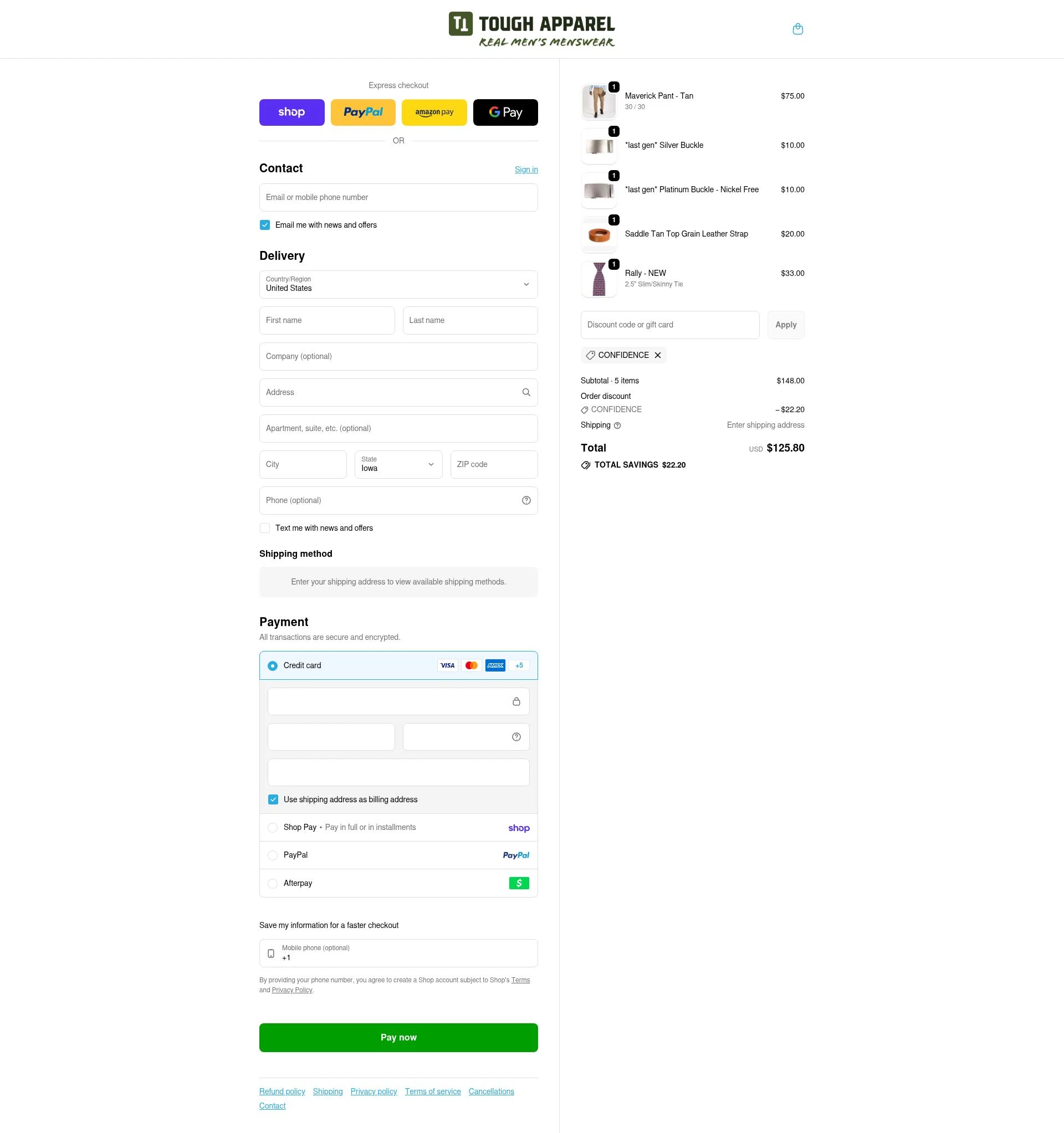 Tough Apparel checkout page showing Tough Apparel discount code box | Screenshot taken by SimplyCodes community member on Feb 16, 2026