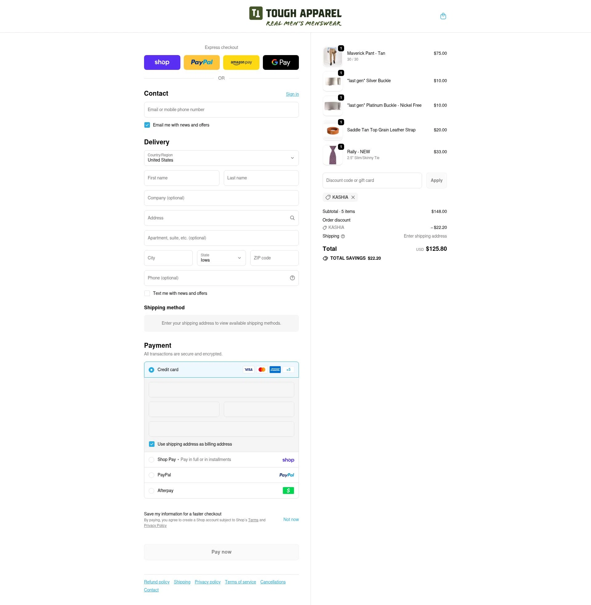 Tough Apparel checkout page showing Tough Apparel discount code box | Screenshot taken by SimplyCodes community member on Feb 16, 2026