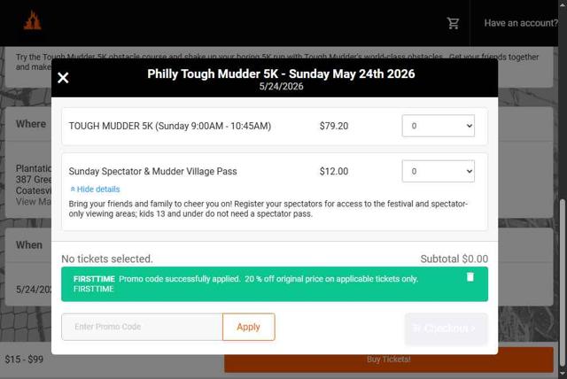 Tough Mudder checkout page showing Tough Mudder coupon code box | Screenshot taken by SimplyCodes community member on Aug 28, 2025