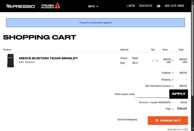 Tough Mudder checkout page showing Tough Mudder coupon code box | Screenshot taken by SimplyCodes community member on Aug 22, 2025