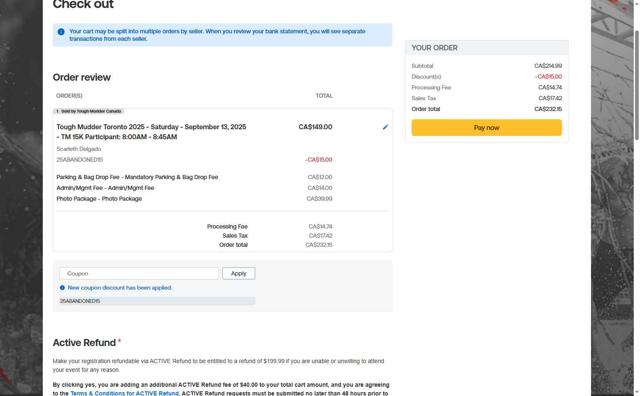 Tough Mudder checkout page showing Tough Mudder coupon code box | Screenshot taken by SimplyCodes community member on Aug 30, 2025