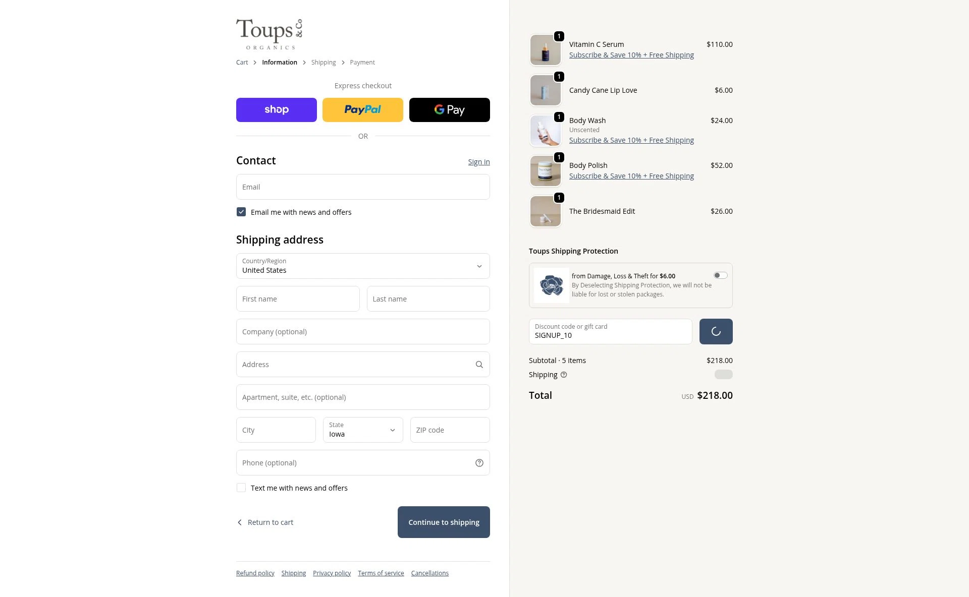 Toups and Co Organics checkout page showing Toups and Co Organics discount code box | Screenshot taken by SimplyCodes community member on Feb 16, 2026