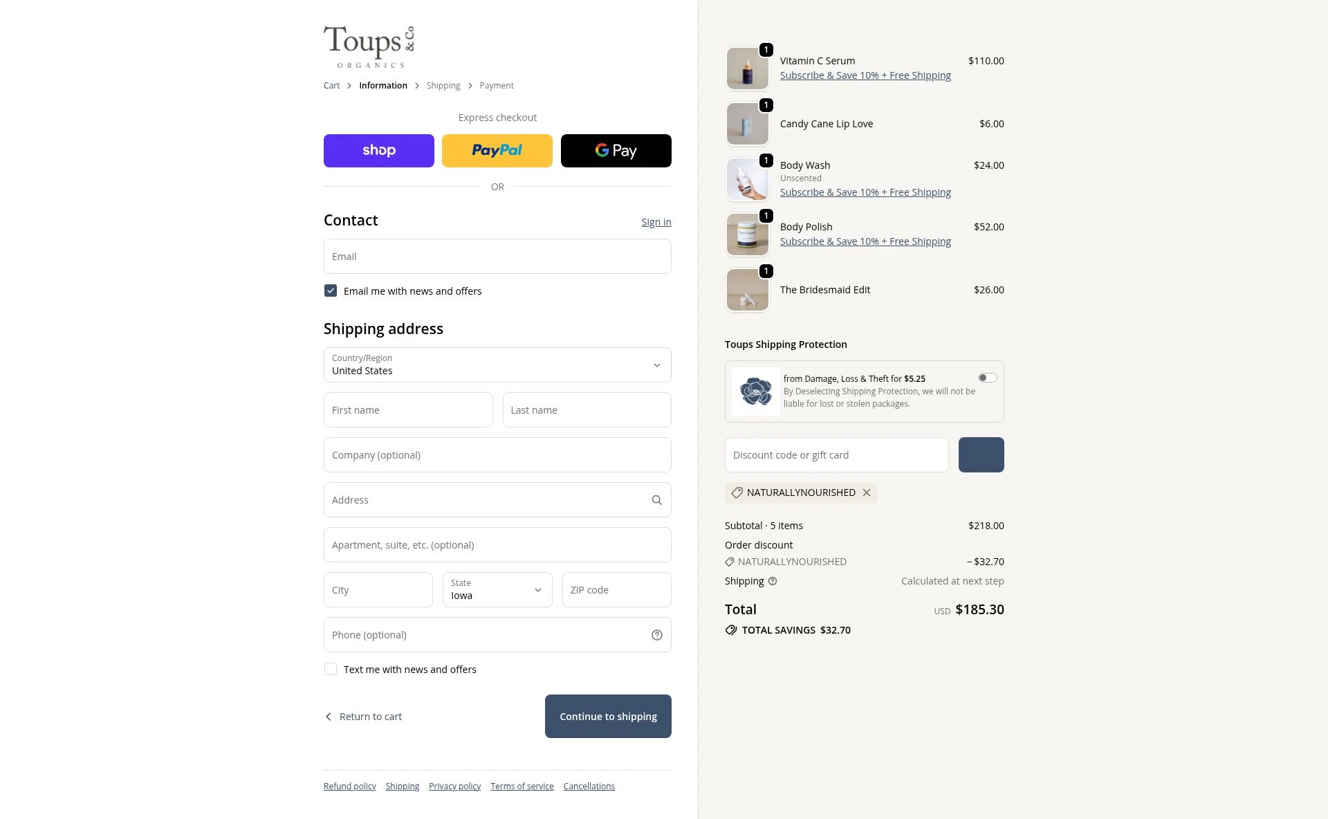 Toups and Co Organics checkout page showing Toups and Co Organics discount code box | Screenshot taken by SimplyCodes community member on Feb 16, 2026