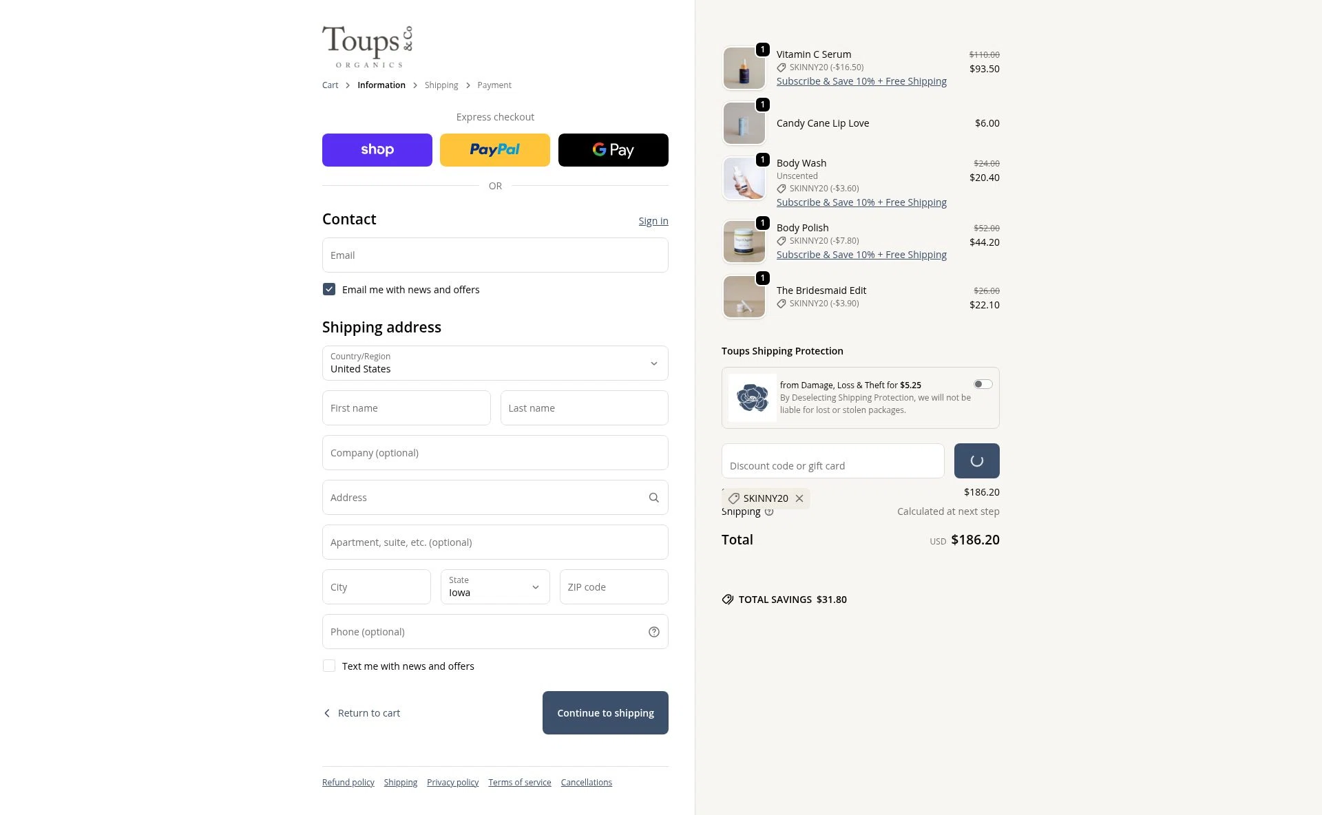 Toups and Co Organics checkout page showing Toups and Co Organics discount code box | Screenshot taken by SimplyCodes community member on Feb 16, 2026