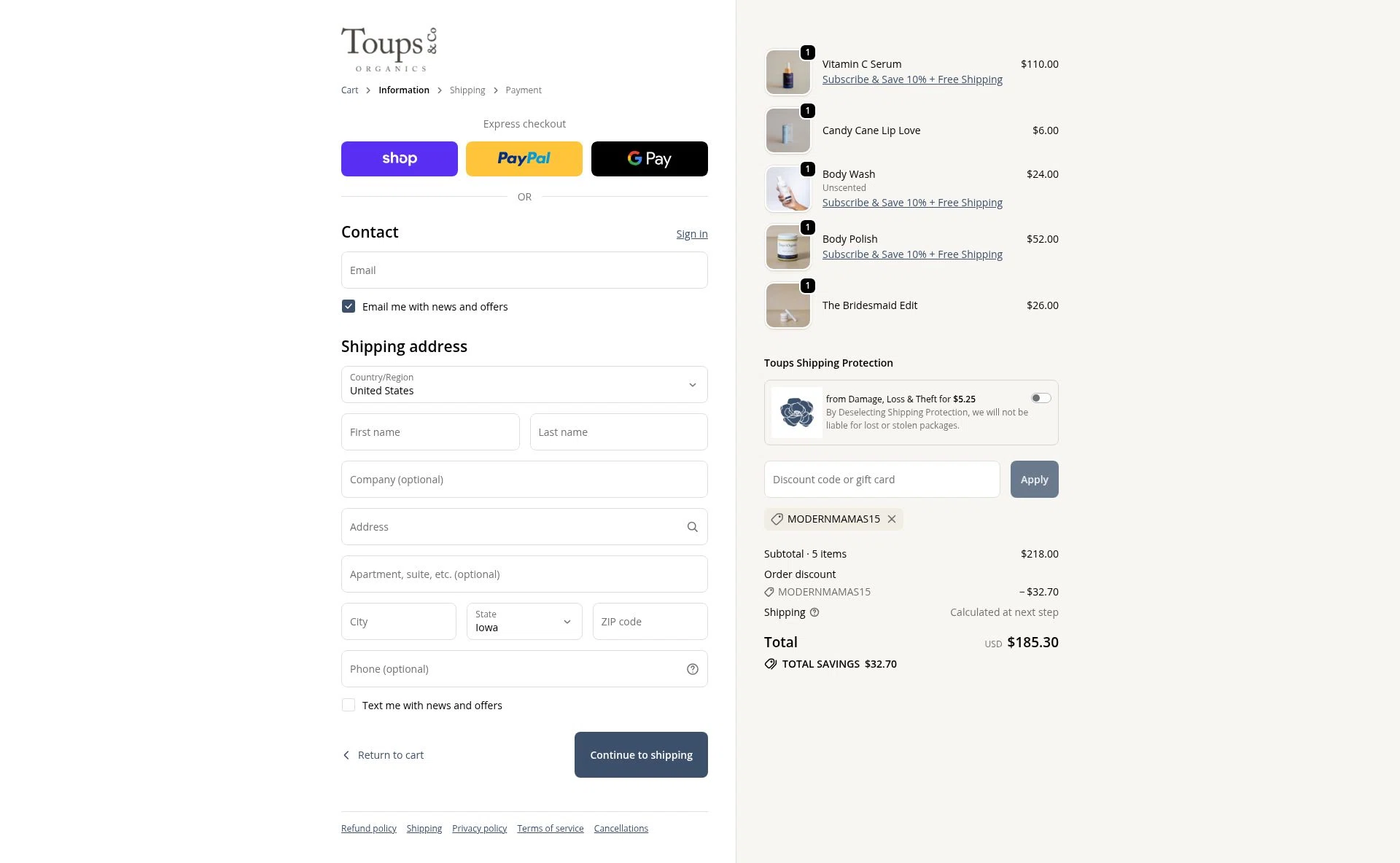 Toups and Co Organics checkout page showing Toups and Co Organics discount code box | Screenshot taken by SimplyCodes community member on Feb 16, 2026