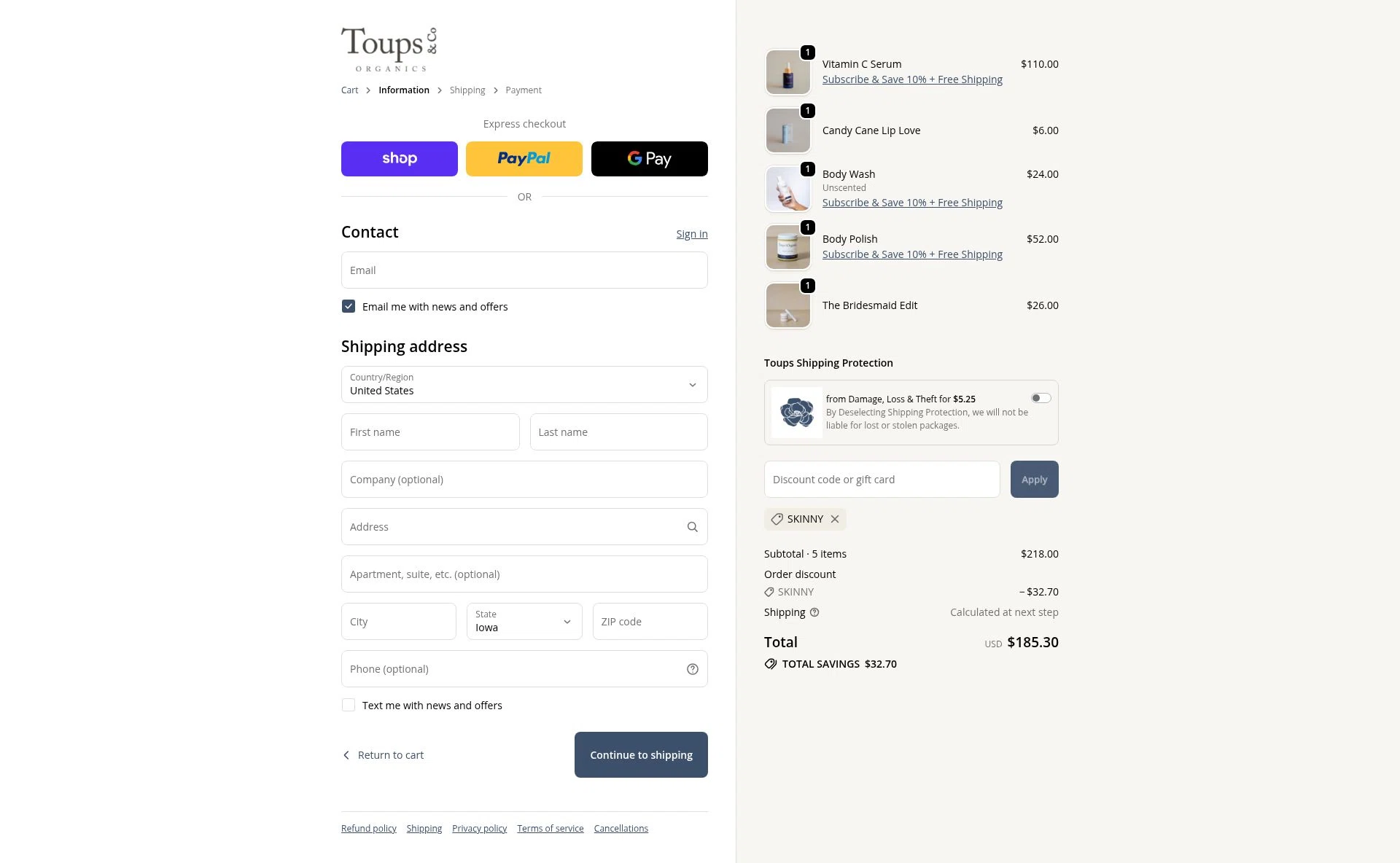 Toups and Co Organics checkout page showing Toups and Co Organics discount code box | Screenshot taken by SimplyCodes community member on Feb 16, 2026