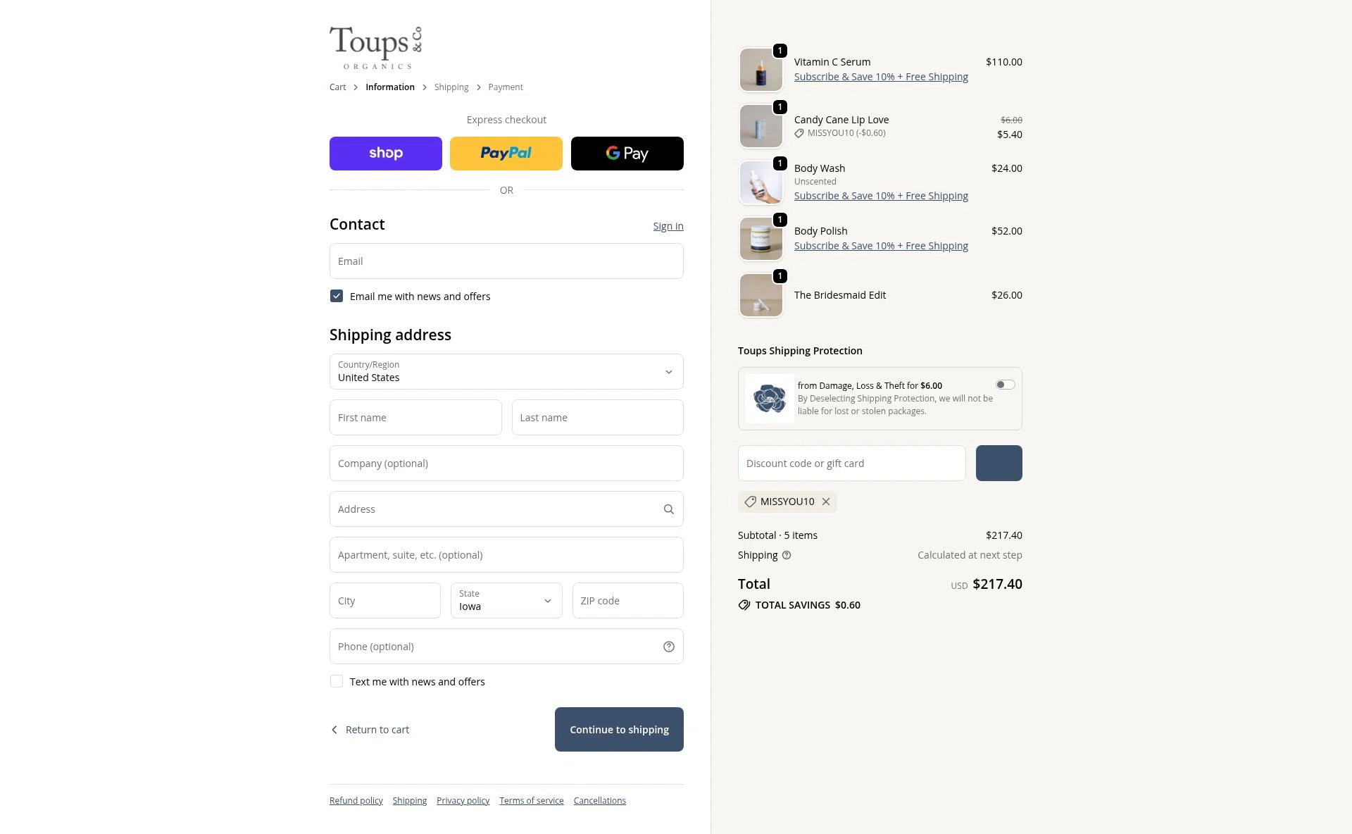Toups and Co Organics checkout page showing Toups and Co Organics discount code box | Screenshot taken by SimplyCodes community member on Feb 16, 2026