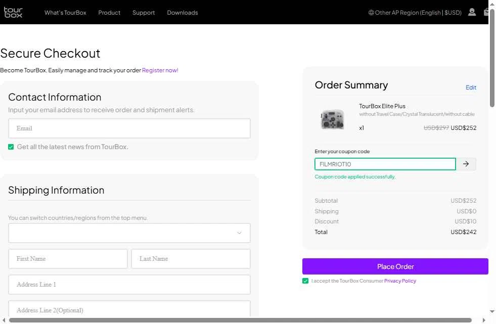 TourBox checkout page showing TourBox coupon code box | Screenshot taken by SimplyCodes community member on Oct 21, 2025