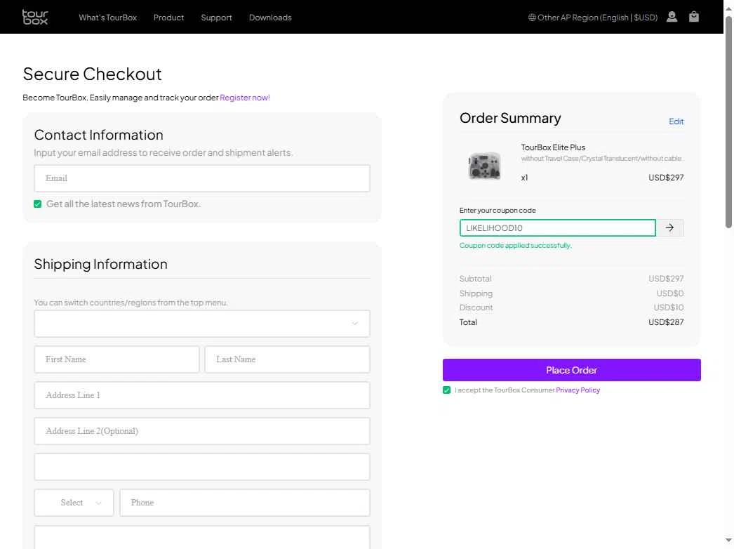 TourBox checkout page showing TourBox coupon code box | Screenshot taken by SimplyCodes community member on Sep 29, 2025