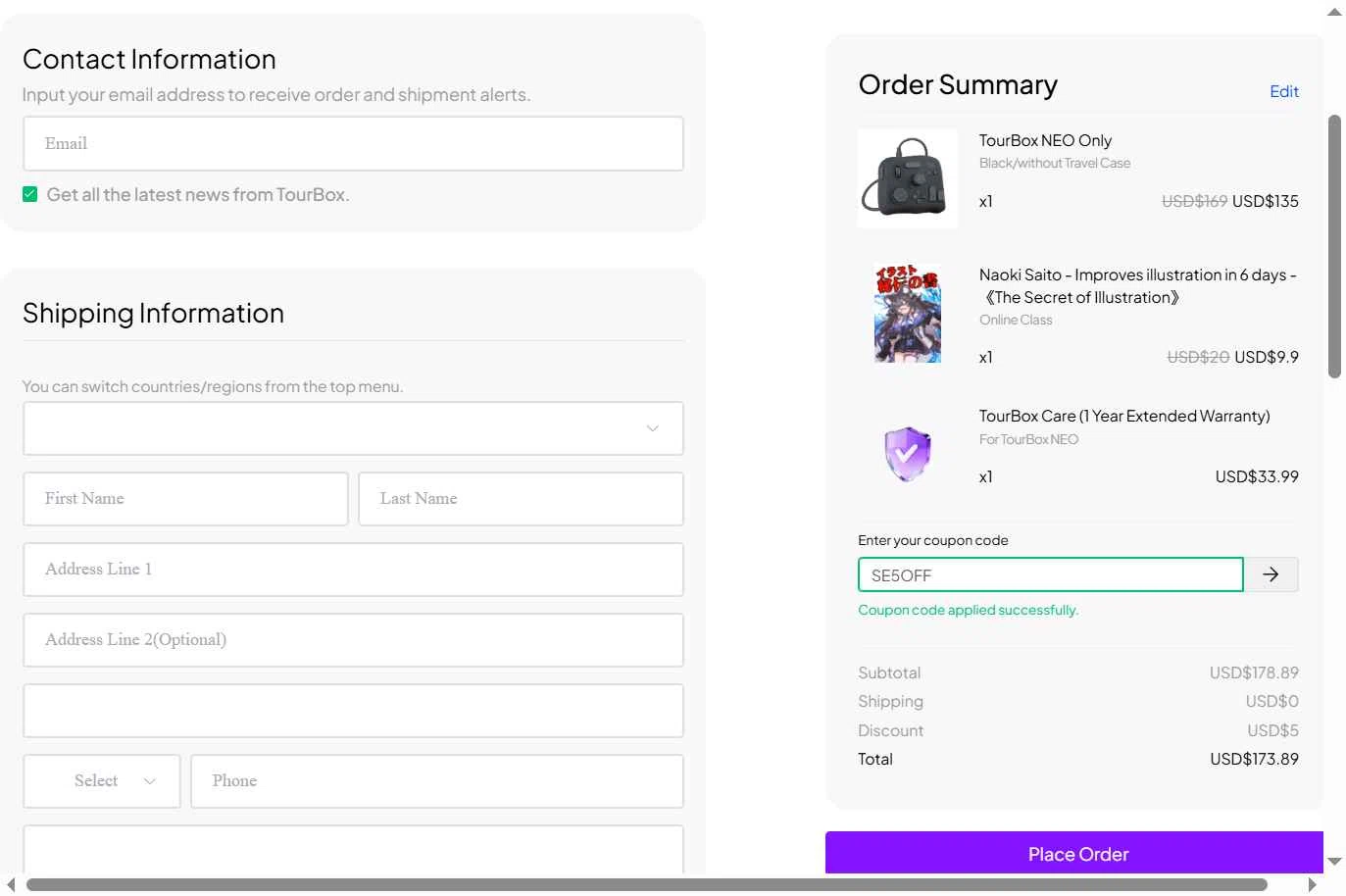 TourBox checkout page showing TourBox coupon code box | Screenshot taken by SimplyCodes community member on Dec 27, 2025