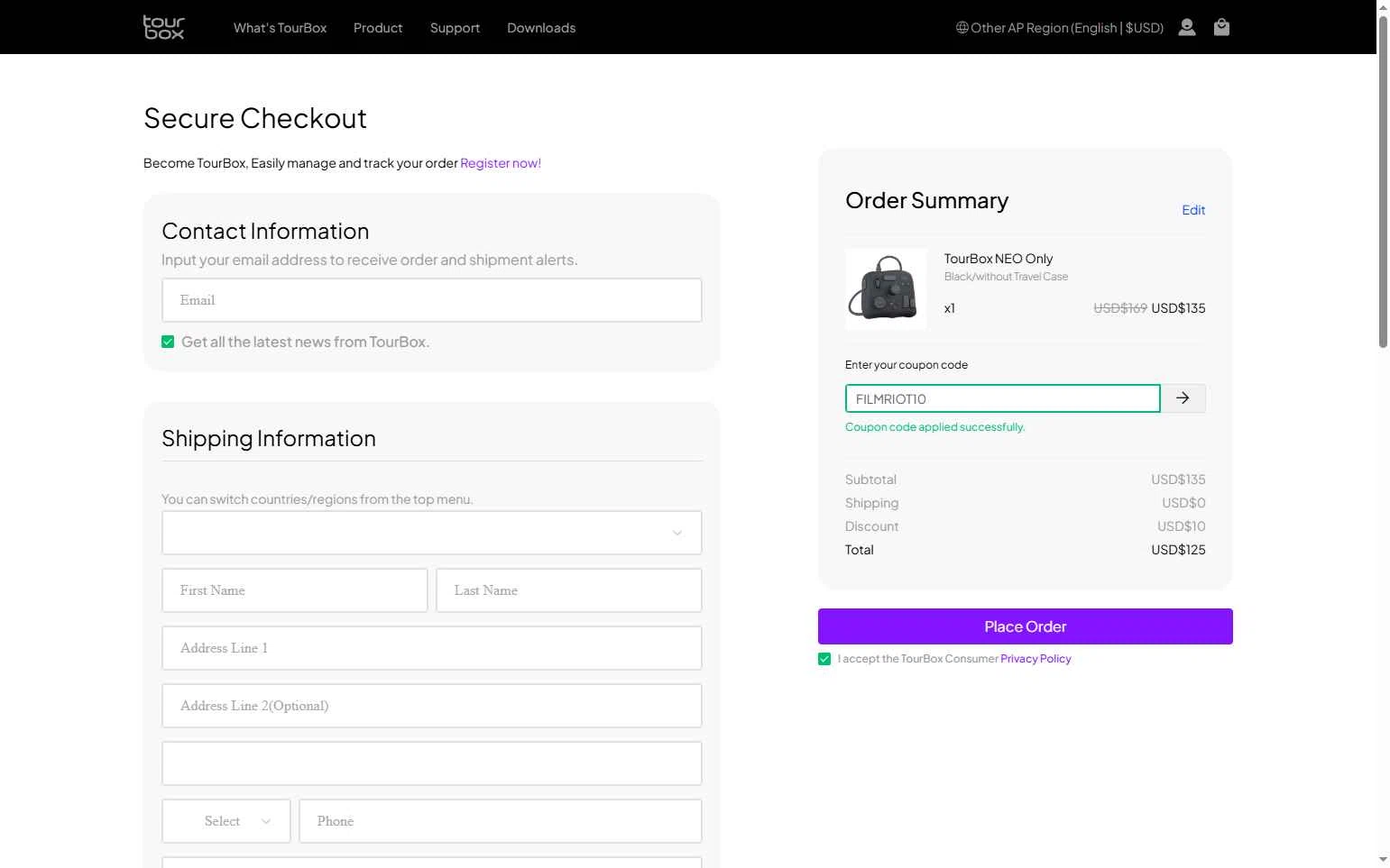 TourBox checkout page showing TourBox coupon code box | Screenshot taken by SimplyCodes community member on Oct 21, 2025