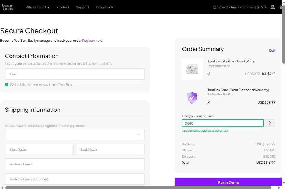 TourBox checkout page showing TourBox coupon code box | Screenshot taken by SimplyCodes community member on Feb 27, 2026