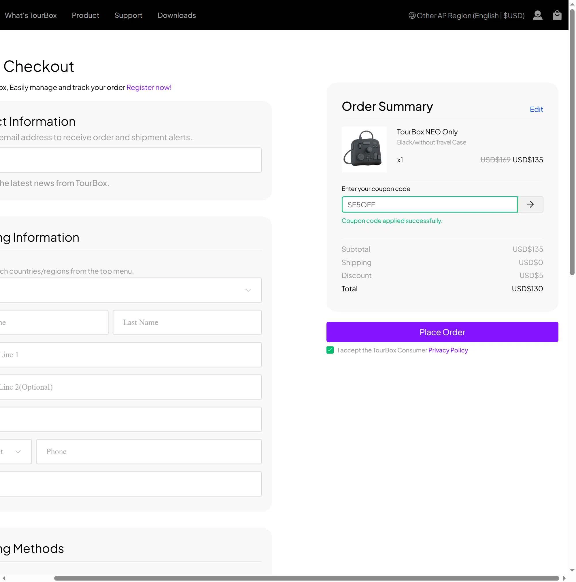 TourBox checkout page showing TourBox coupon code box | Screenshot taken by SimplyCodes community member on Nov 20, 2025