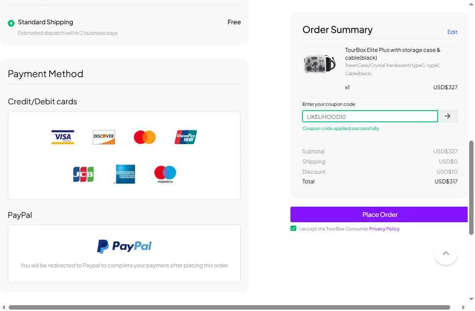 TourBox checkout page showing TourBox coupon code box | Screenshot taken by SimplyCodes community member on Sep 29, 2025