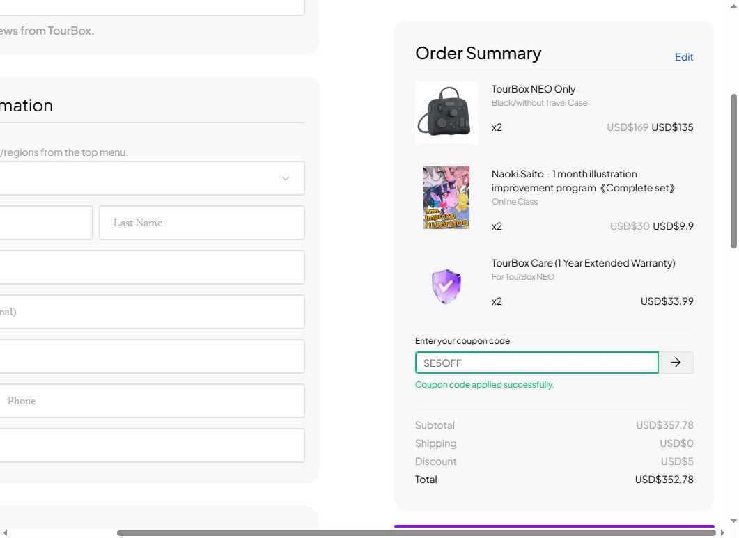 TourBox checkout page showing TourBox coupon code box | Screenshot taken by SimplyCodes community member on Dec 19, 2025