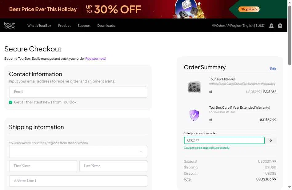 TourBox checkout page showing TourBox coupon code box | Screenshot taken by SimplyCodes community member on Dec 19, 2025